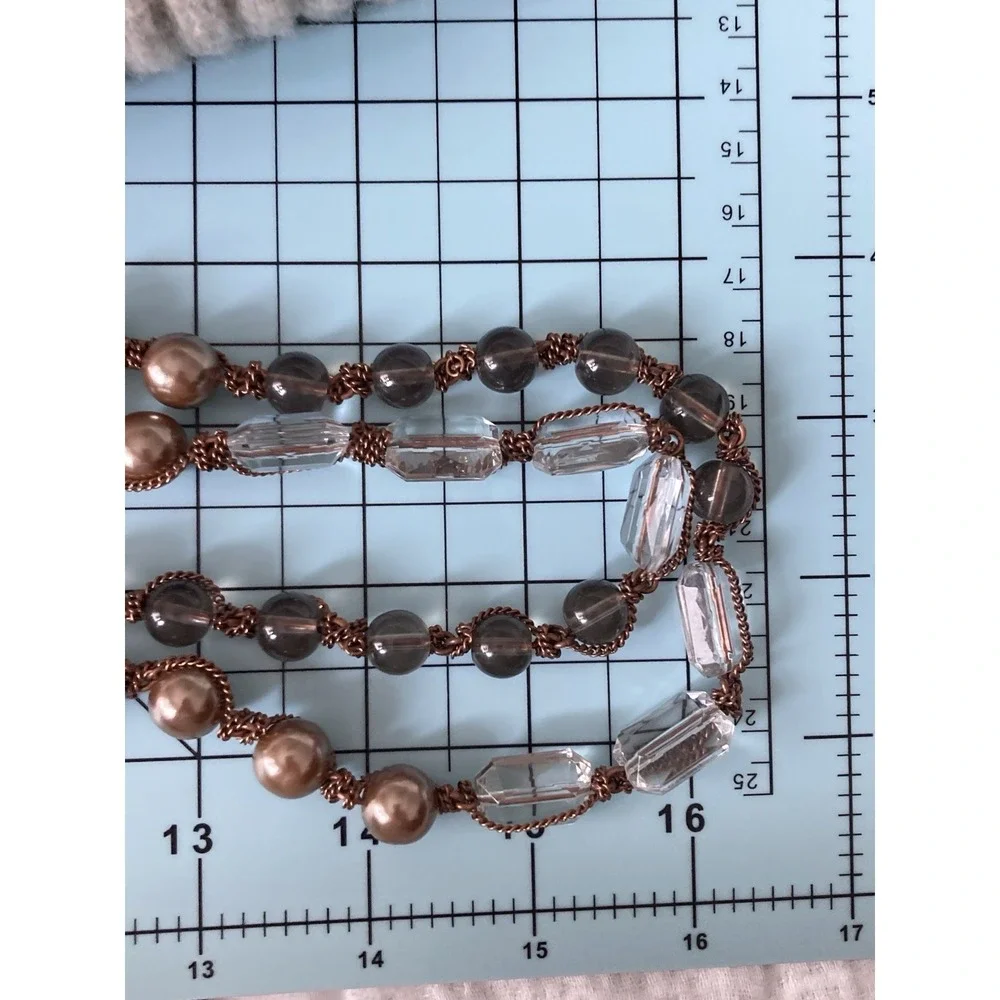 Copper Tone Multi Strand Beaded Necklace Faux Pearl Clear‎ Gray Beads Romantic
